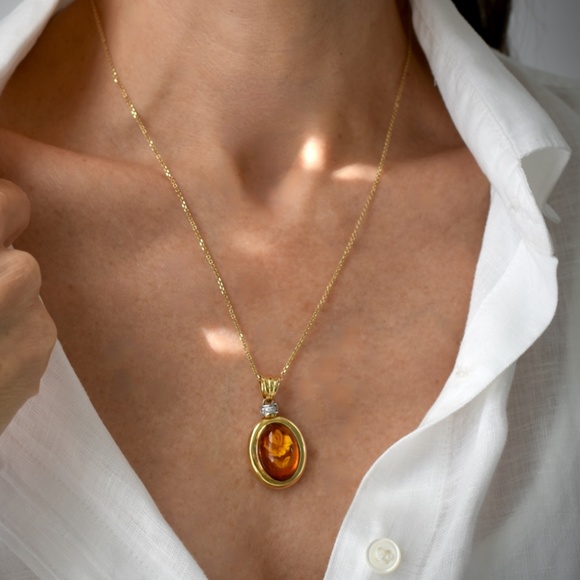 18k Amber Flower OOAK Cabochon Pendant/Necklace - Picture 7 of 7
